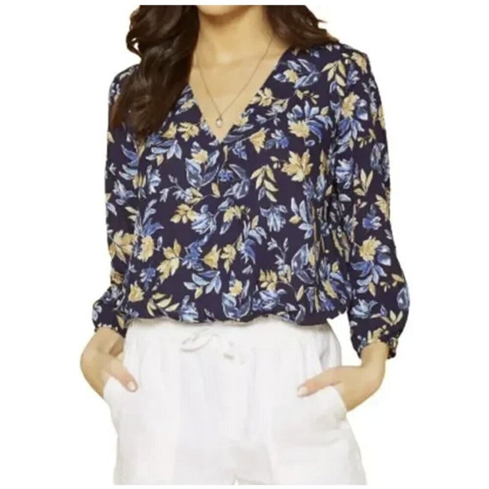 🏆Pleione V Neck Semi Sheer Long Sleeve Floral Navy Bodysuit Top